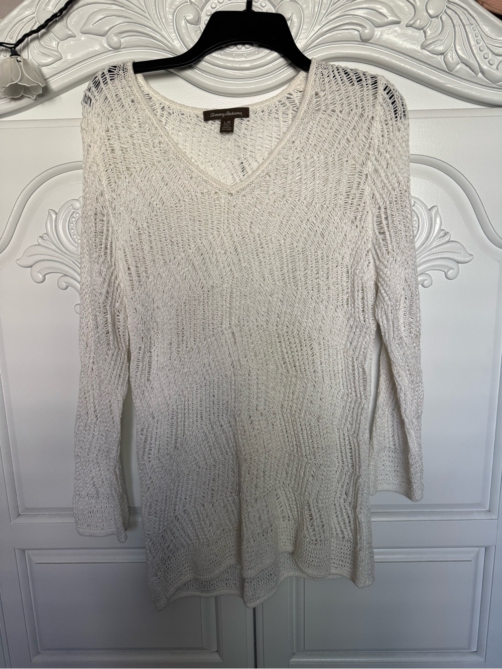 Tommy Bahama Open Knit V-Neck Sweater in Ivory White